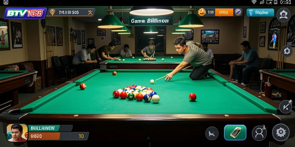 Tampilan antarmuka BTV168 yang menarik saat bermain Billiard.