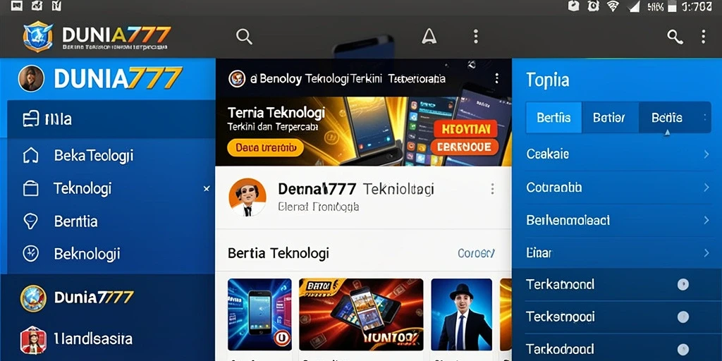 Tampilan antarmuka aplikasi DUNIA777 dengan berita teknologi terbaru.